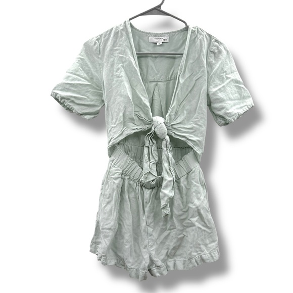Thakoon Mint Green Romper Women's Size 0 Linen Blend Tie Front Elastic Waist‎ - Picture 3 of 11
